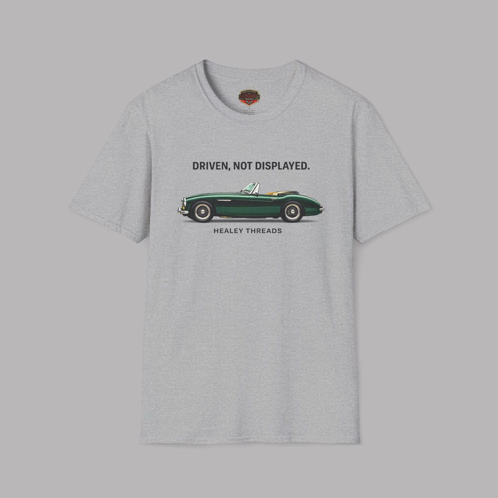 Sport gray t-shirt with a green classic car graphic and text on a gray background