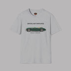 Sport gray t-shirt with a green classic car graphic and text on a gray background