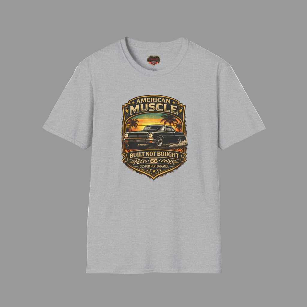 Sport gray t-shirt with 'American Muscle' car graphic design on a gray background