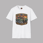 A white short-sleeve crewneck t-shirt featuring a vintage-style graphic print of a green classic car and the text '1955 CHEVY GIRL' on a plain gray background.