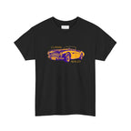 Black t-shirt with a classic car graphic and text on a white background
