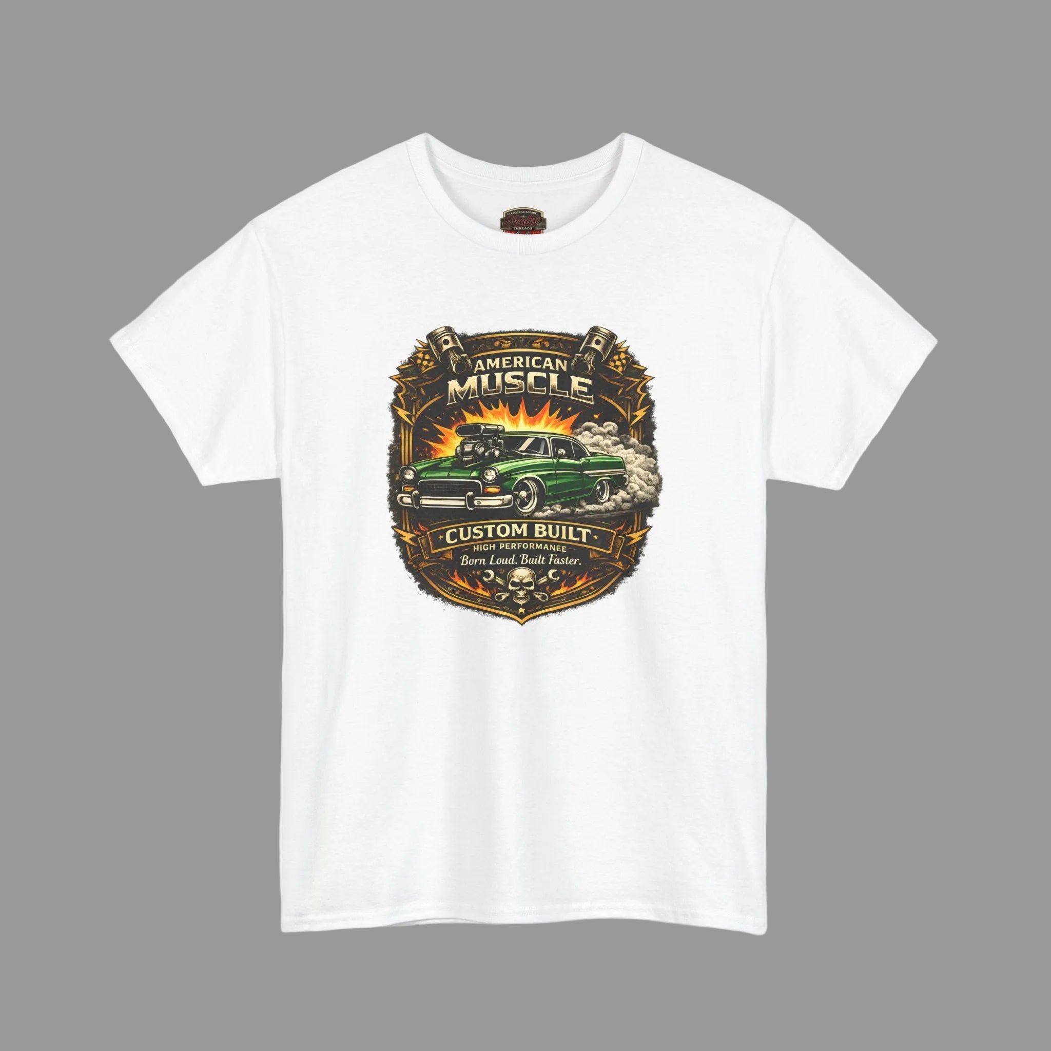 White t-shirt with 'American Muscle' graphic design on a white background