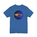 Back view of a blue t-shirt with a yellow Austin Healey car graphic on a white background