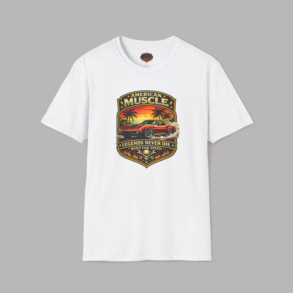 White t-shirt with 'American Muscle' graphic design on a gray background