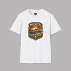 White t-shirt with 'American Muscle' graphic design on a gray background
