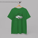 Turf green t-shirt with a classic car graphic design on a hanger against a gray background