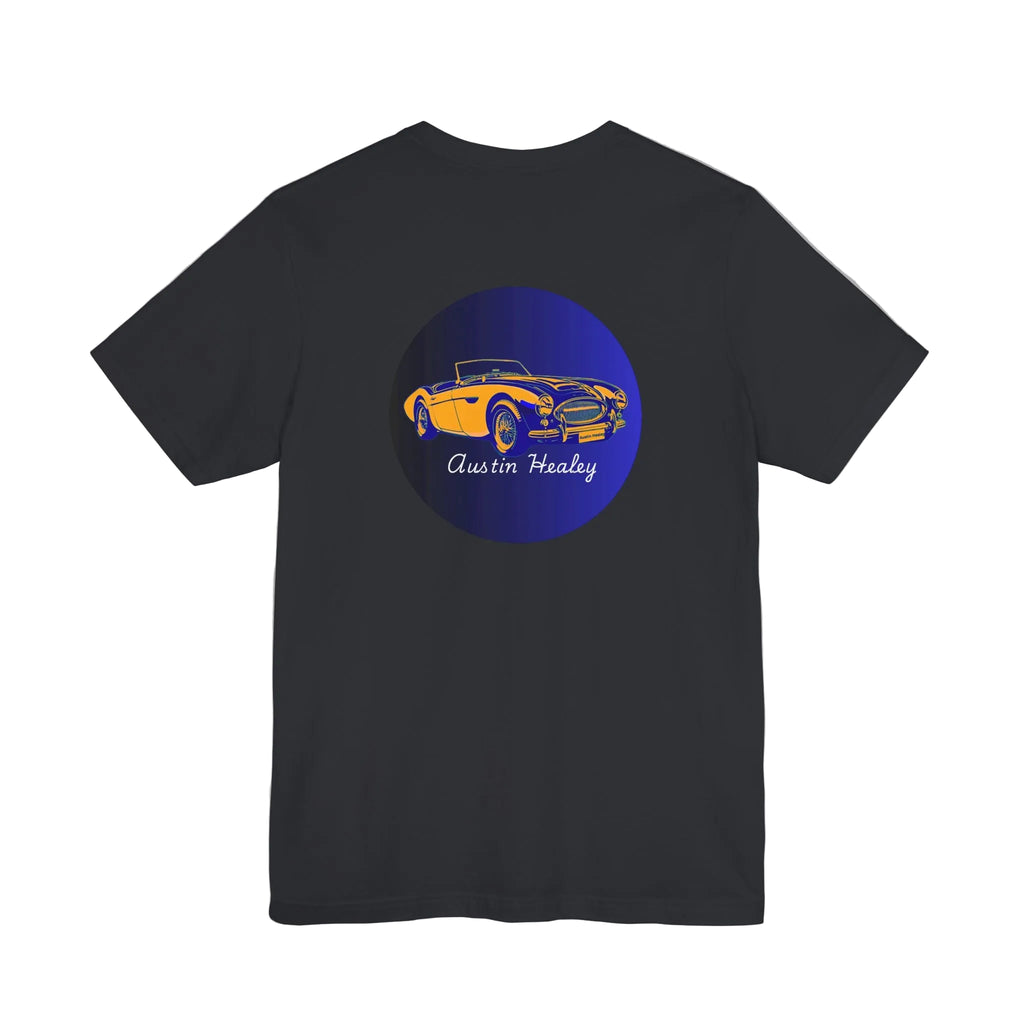 Back view black blend t-shirt with a blue circle featuring an Austin Healey car design on a white background