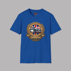 Royal blue t-shirt with a British Motor Club logo on a gray background