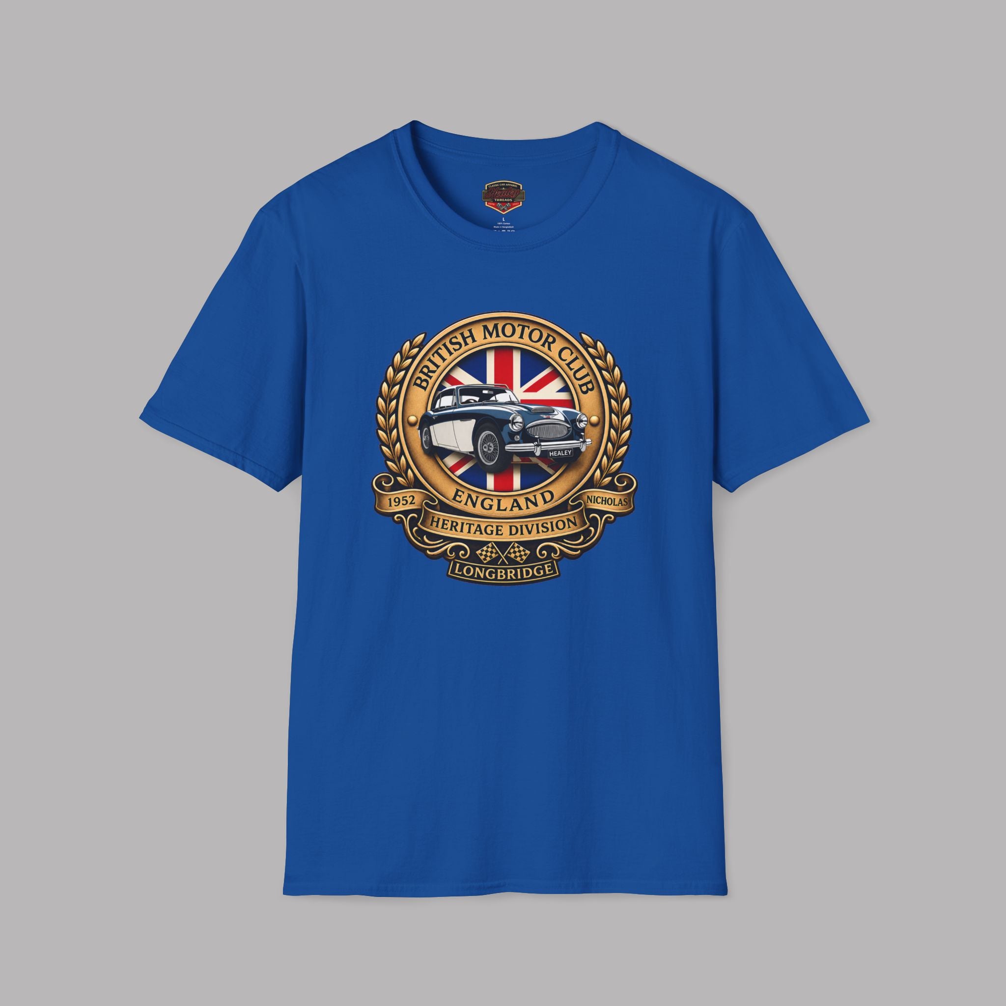 Royal blue t-shirt with a British Motor Club logo on a gray background