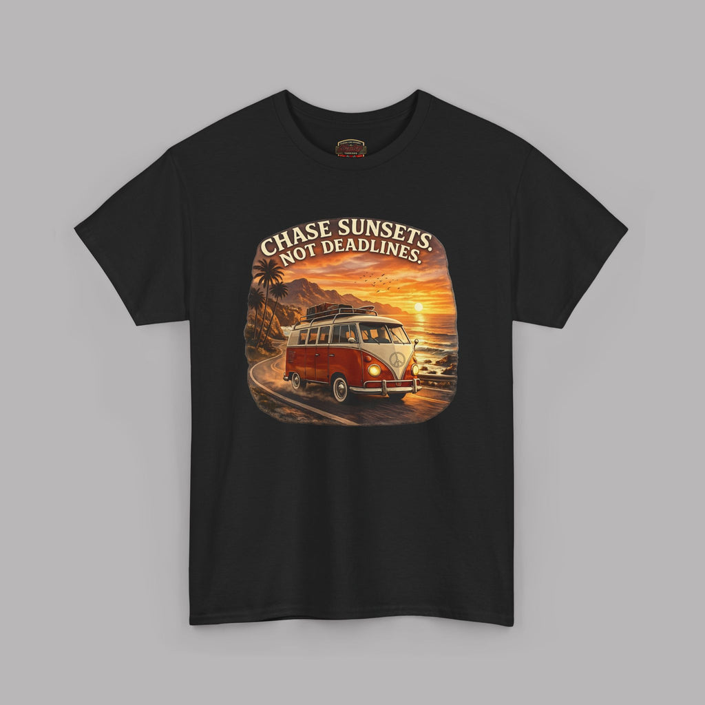 Black t-shirt with a graphic of a classic van and sunset text on a gray background