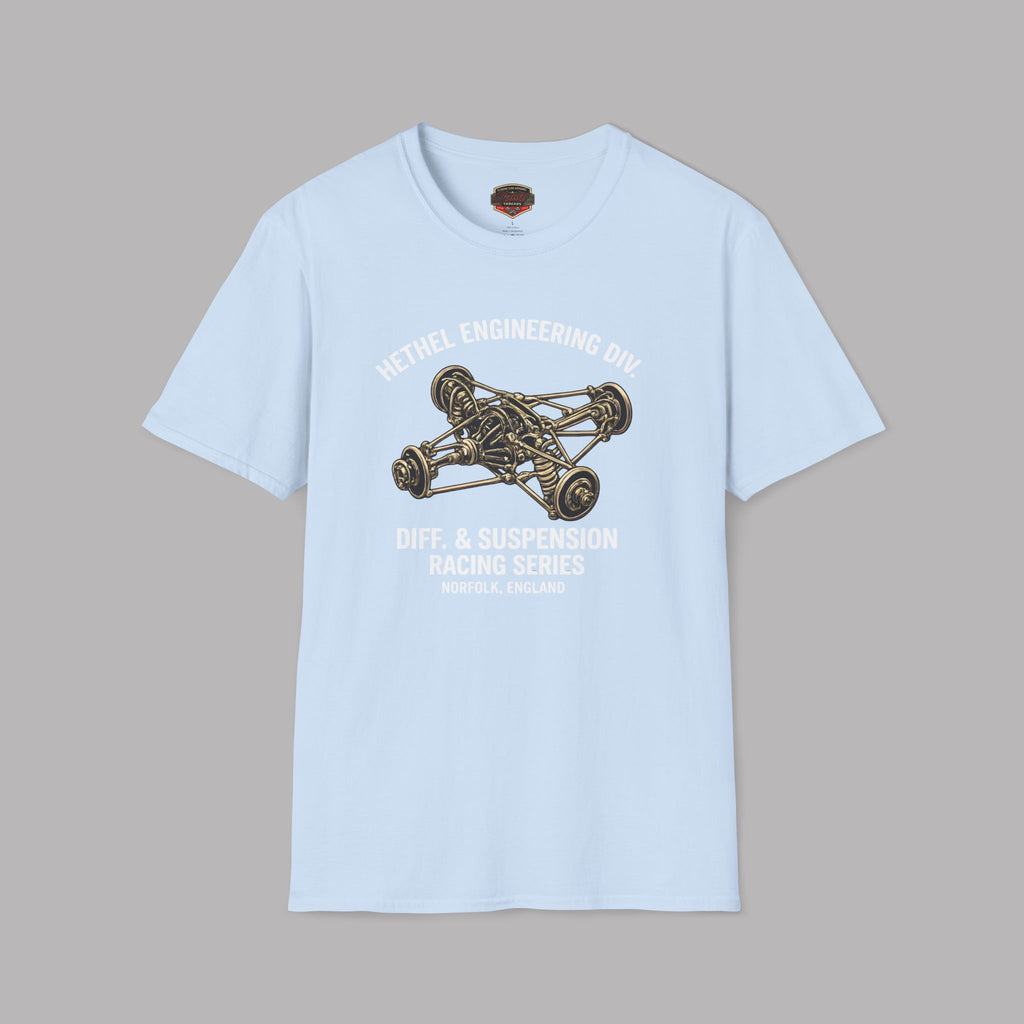 Light blue t-shirt with mechanical graphic and text on a gray background