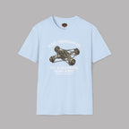 Light blue t-shirt with mechanical graphic and text on a gray background