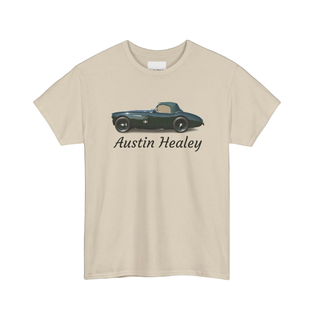Beige t-shirt with Austin Healey car graphic on a white background