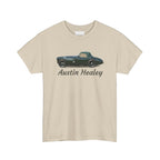 Beige t-shirt with Austin Healey car graphic on a white background