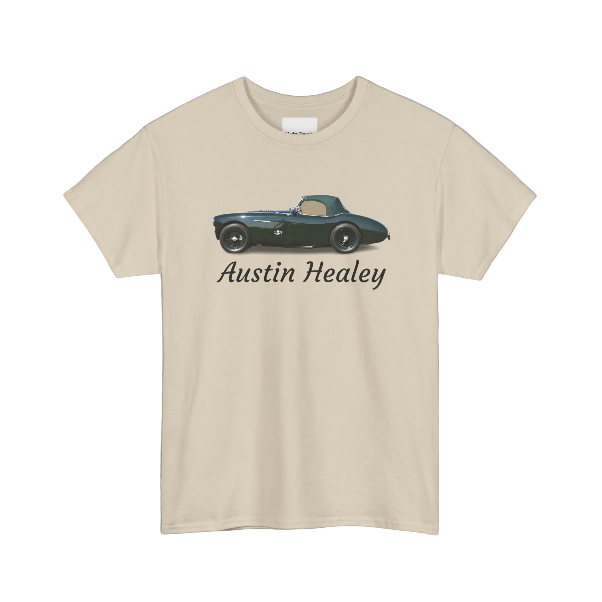 Beige t-shirt with Austin Healey car graphic on a white background