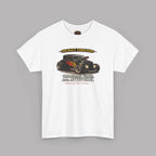 White t-shirt with a graphic of a hot rod and text on a gray background