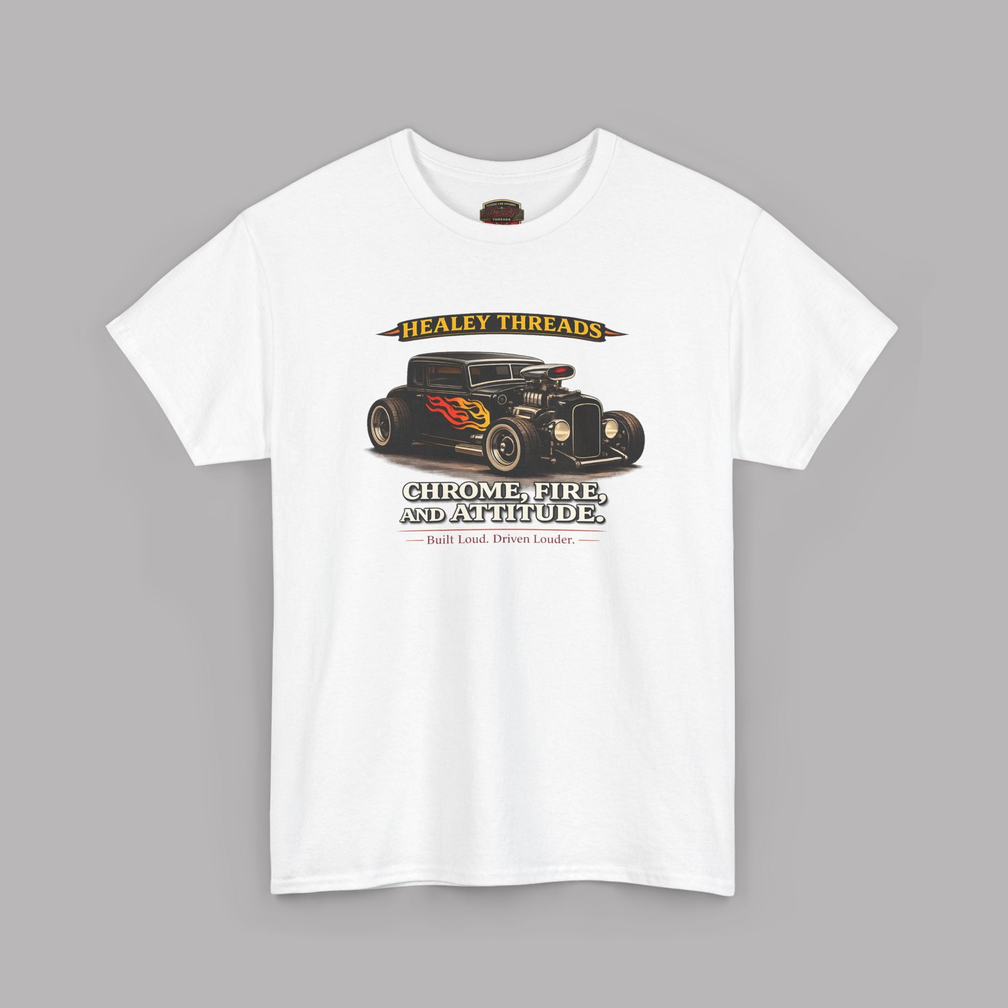 White t-shirt with a graphic of a hot rod and text on a gray background