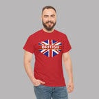 Man wearing a red t-shirt with a Union Jack design and 'BRITISH' text on a gray background