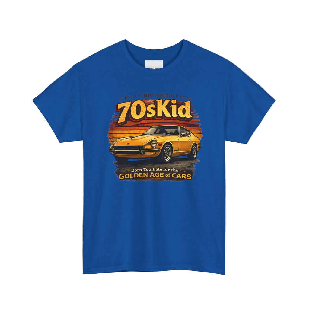 Blue t-shirt with '70s Kid' graphic design featuring a car on a white background