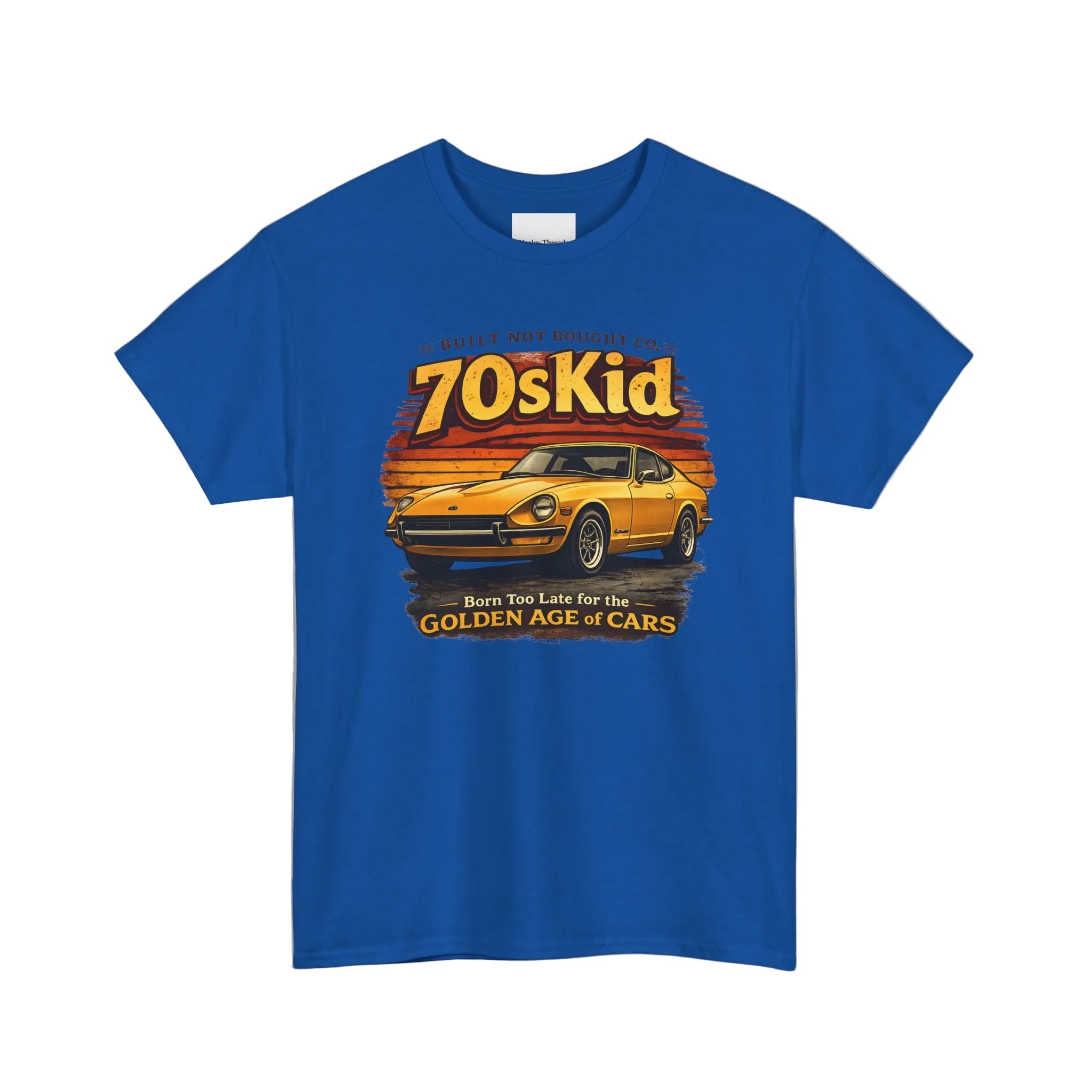 Blue t-shirt with '70s Kid' graphic design featuring a car on a white background
