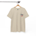Beige t-shirt with a Healey graphic on a hanger against a white background