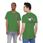 Two guys wearing green t-shirts with different designs on a white background