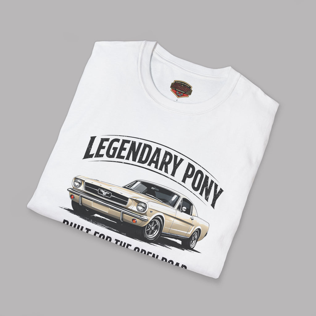 Folded white t-shirt with a graphic of a classic car and text 'Legendary Pony' on a gray background