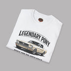 Folded white t-shirt with a graphic of a classic car and text 'Legendary Pony' on a gray background