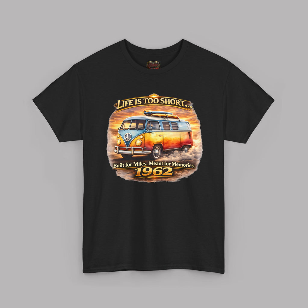 Black t-shirt with a vintage 1962 van graphic and text on a gray background