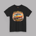Black t-shirt with a vintage 1962 van graphic and text on a gray background