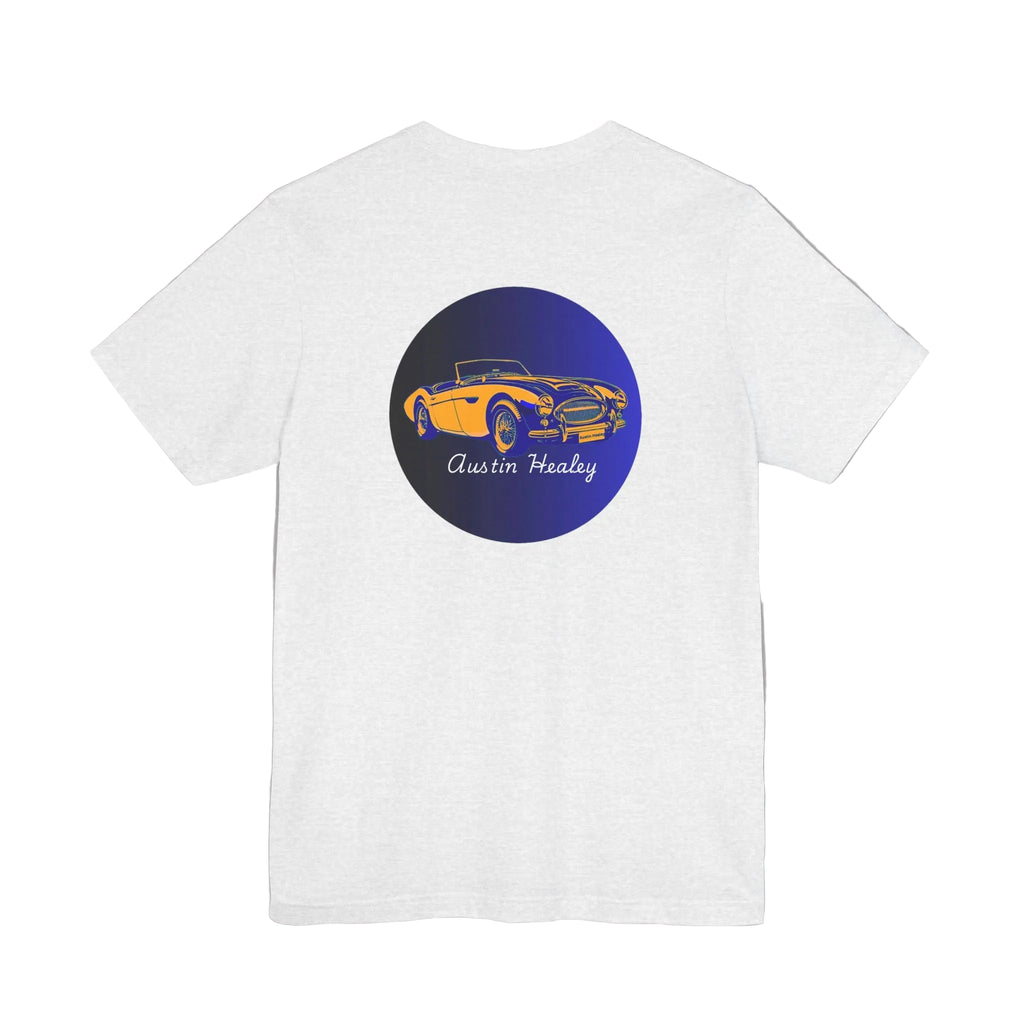 Back view of a ash t-shirt with a blue circle featuring an Austin Healey car design on a white background