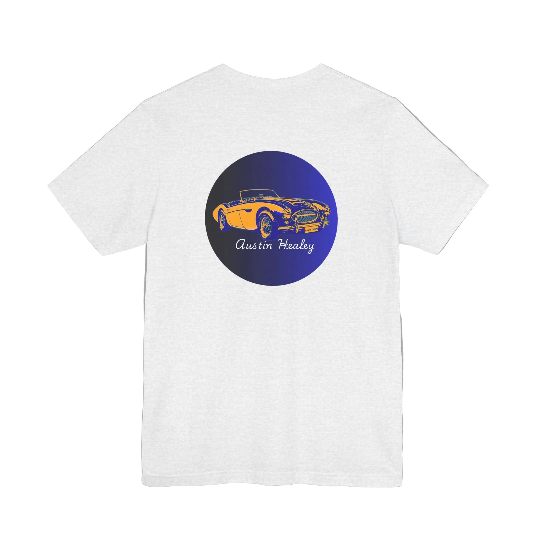 Back view of a ash t-shirt with a blue circle featuring an Austin Healey car design on a white background