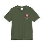 Military green t-shirt with a red and white logo on a white background
