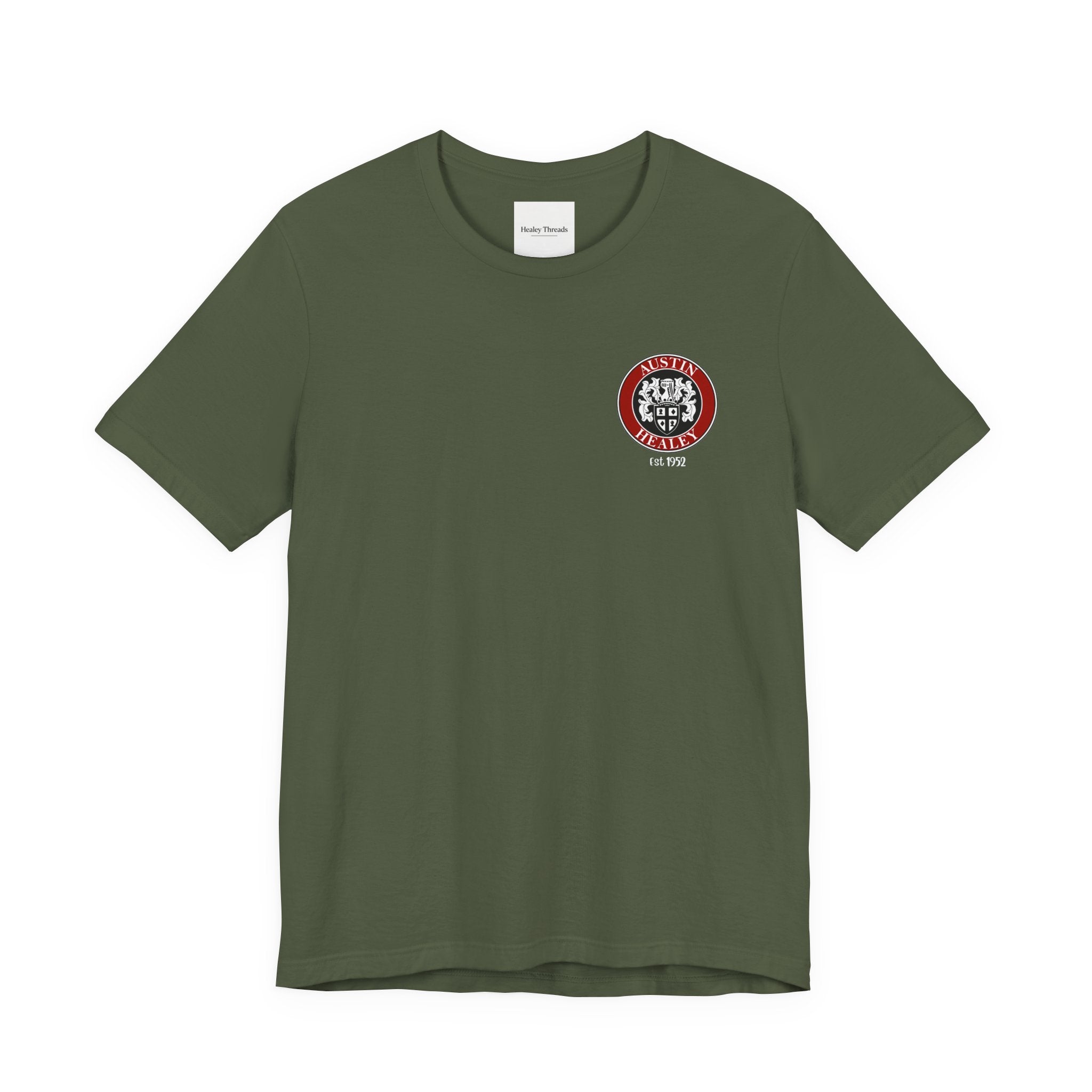 Military green t-shirt with a red and white logo on a white background
