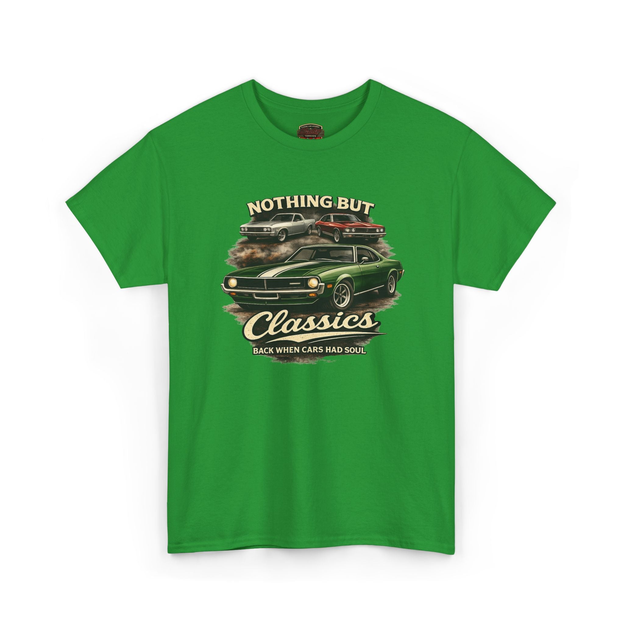 Turf green t-shirt with classic car graphic and text on a white background