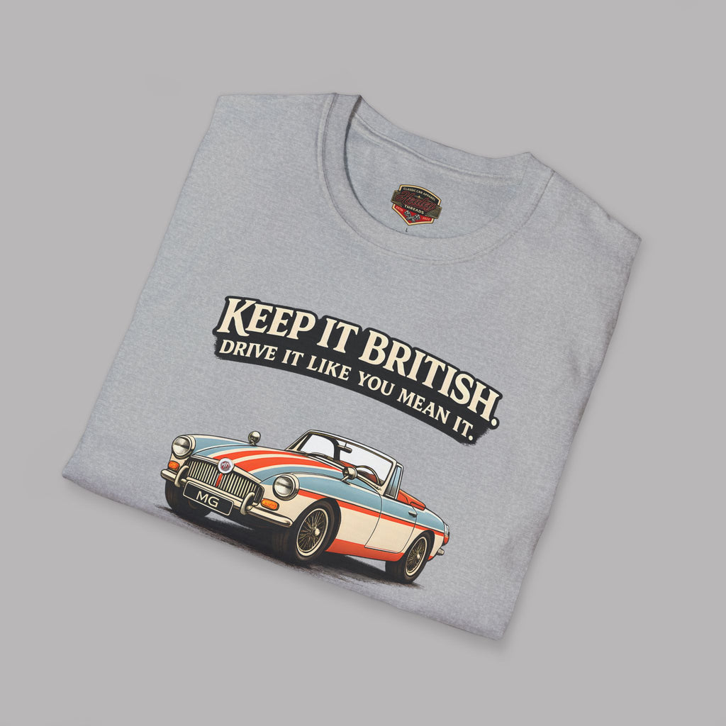 Folded sport gray t-shirt with MG car graphic and text on a gray background