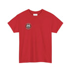 Red t-shirt with a logo on the chest against a white background