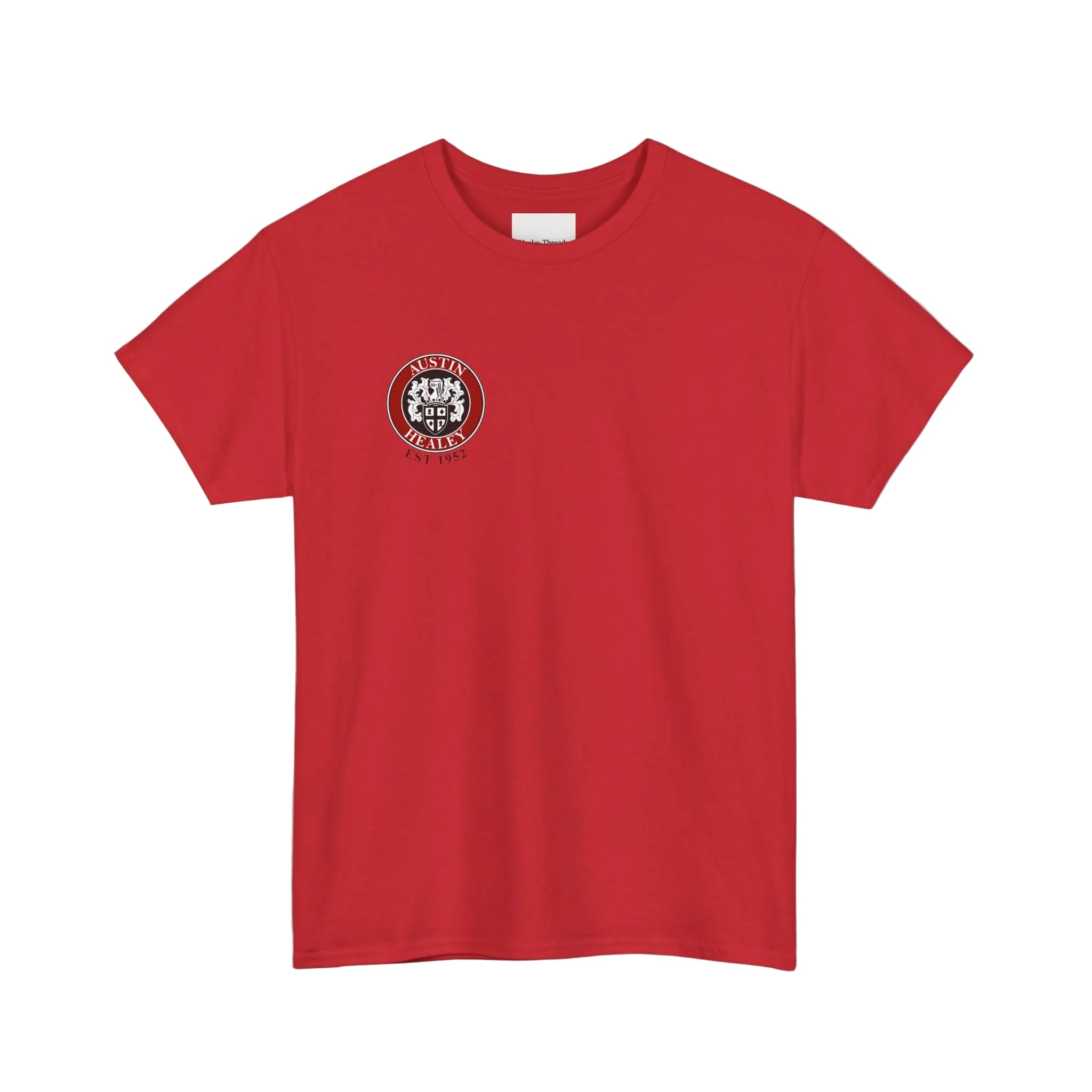 Red t-shirt with a logo on the chest against a white background