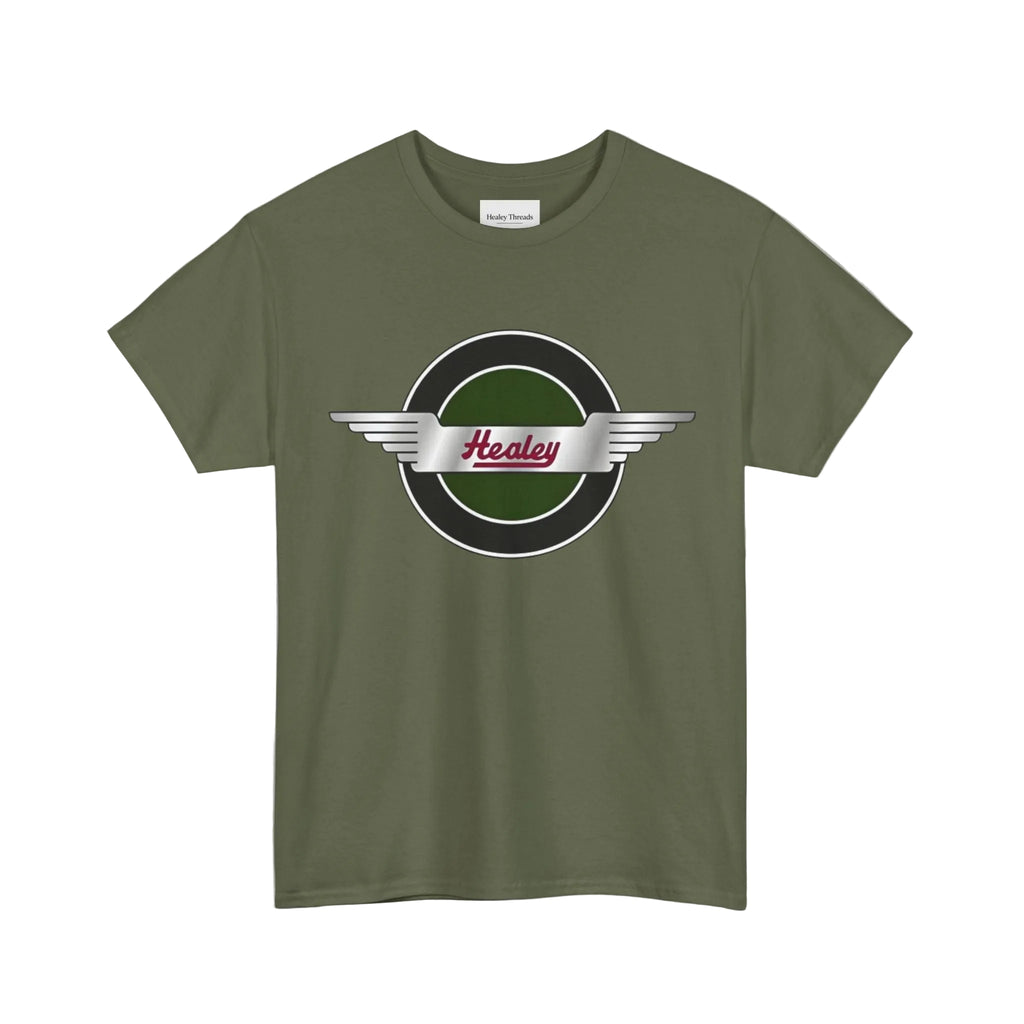 Military green t-shirt with a Healey logo on a white background
