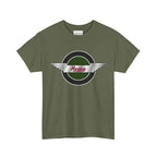 Military green t-shirt with a Healey logo on a white background