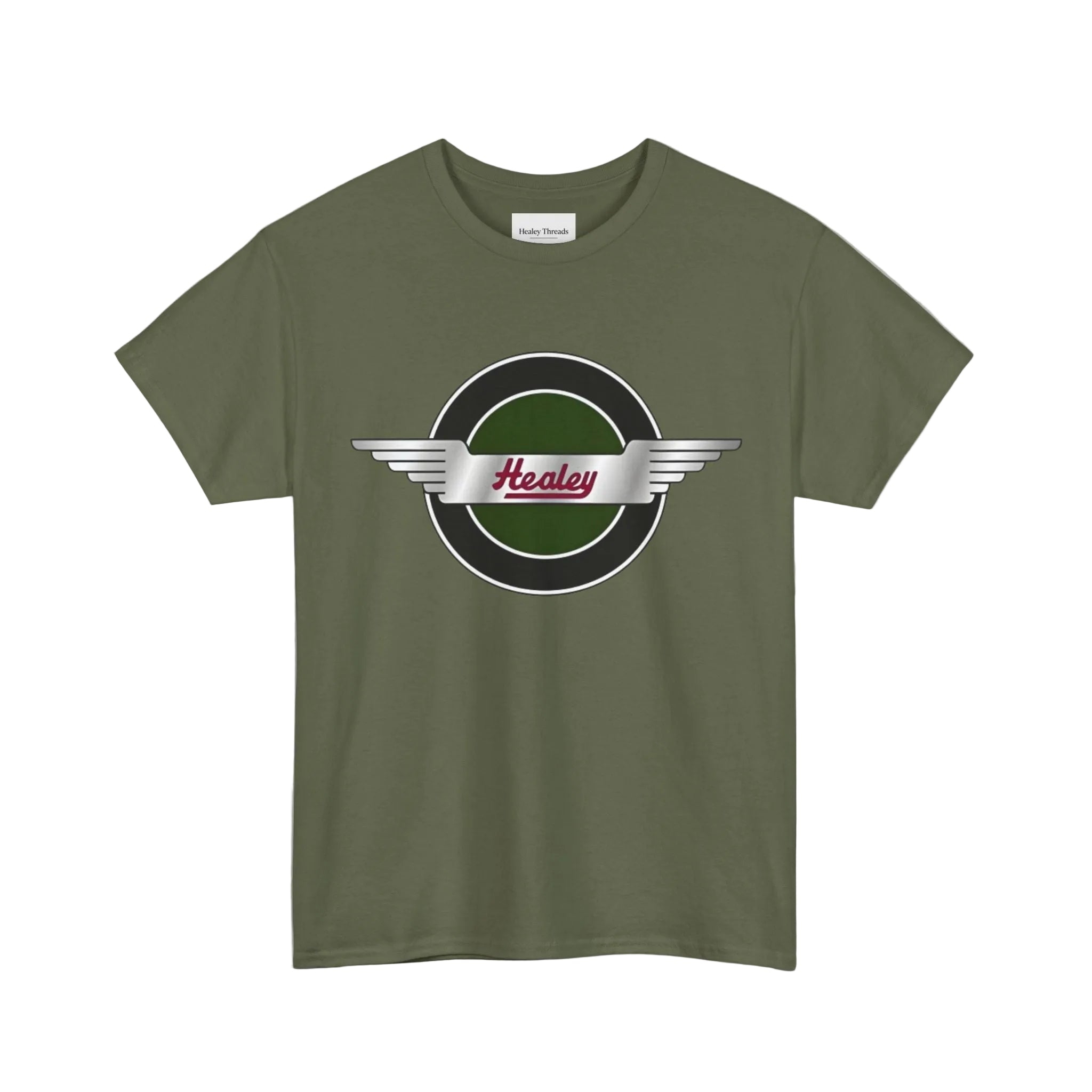 Military green t-shirt with a Healey logo on a white background