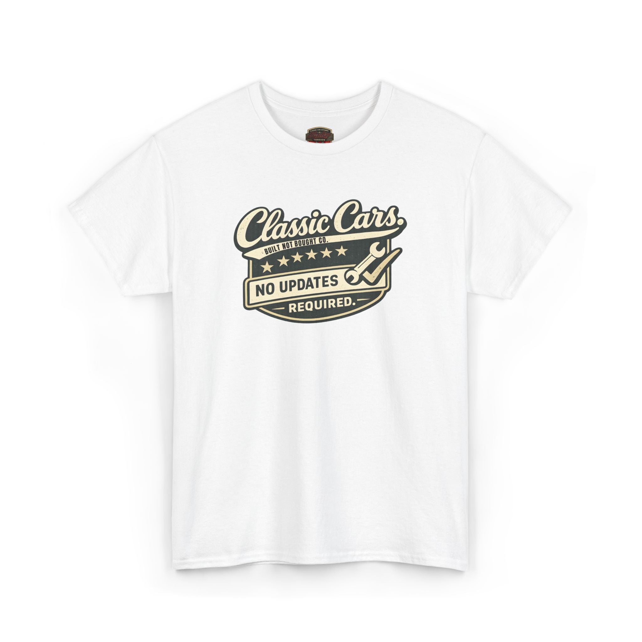 White t-shirt with 'Classic Cars No Updates Required' graphic on a white background