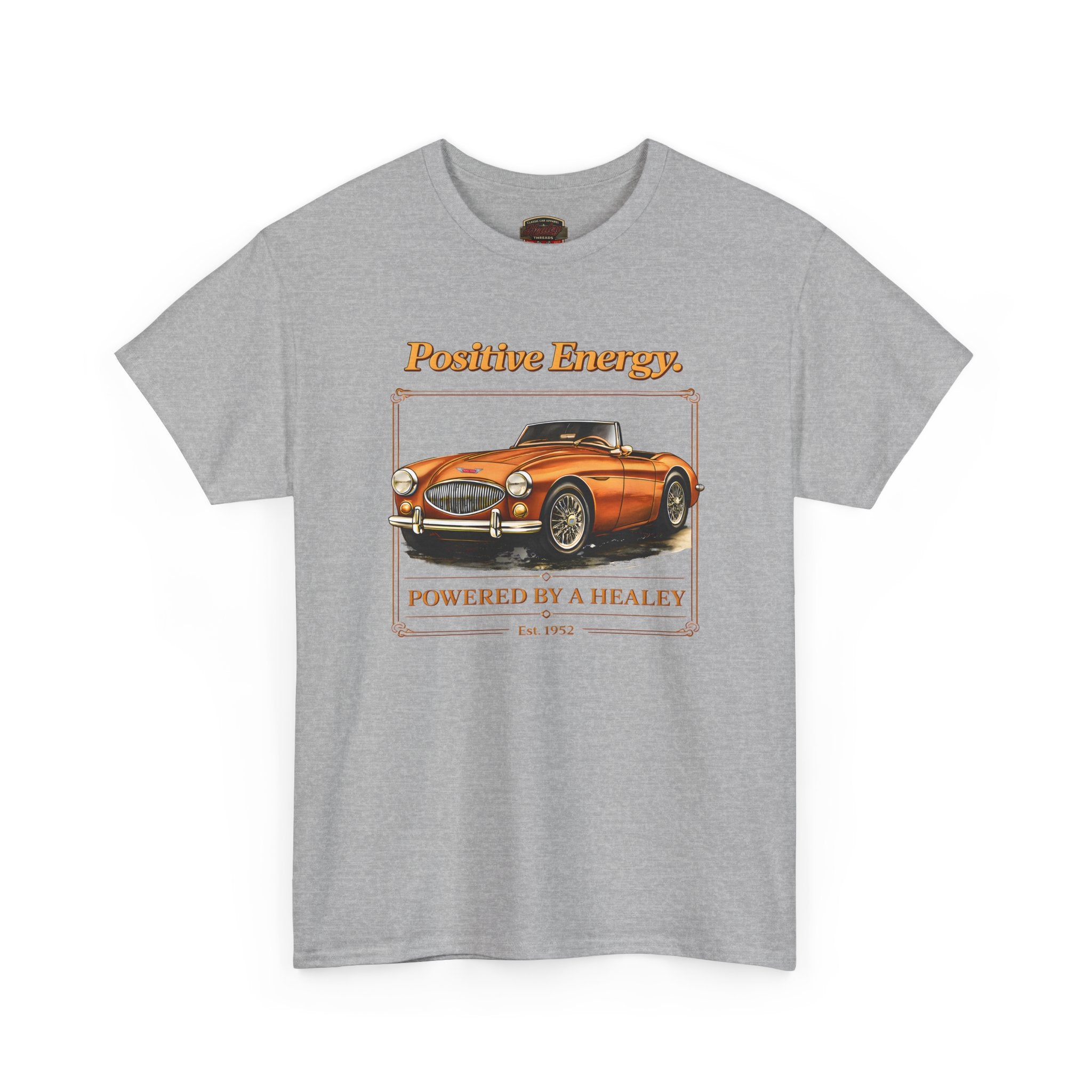 Gray t-shirt with a vintage car graphic and 'Positive Energy' text on a white background