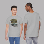 Sport gray t-shirt with a graphic design of a car and text, worn by two models on a gray background.