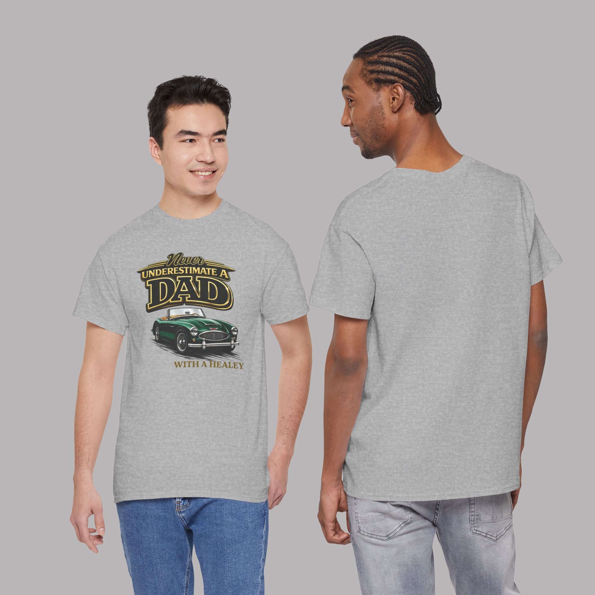 Sport gray t-shirt with a graphic design of a car and text, worn by two models on a gray background.