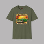 Military green t-shirt with a graphic of a classic car and 'No Apologies' text on a gray background