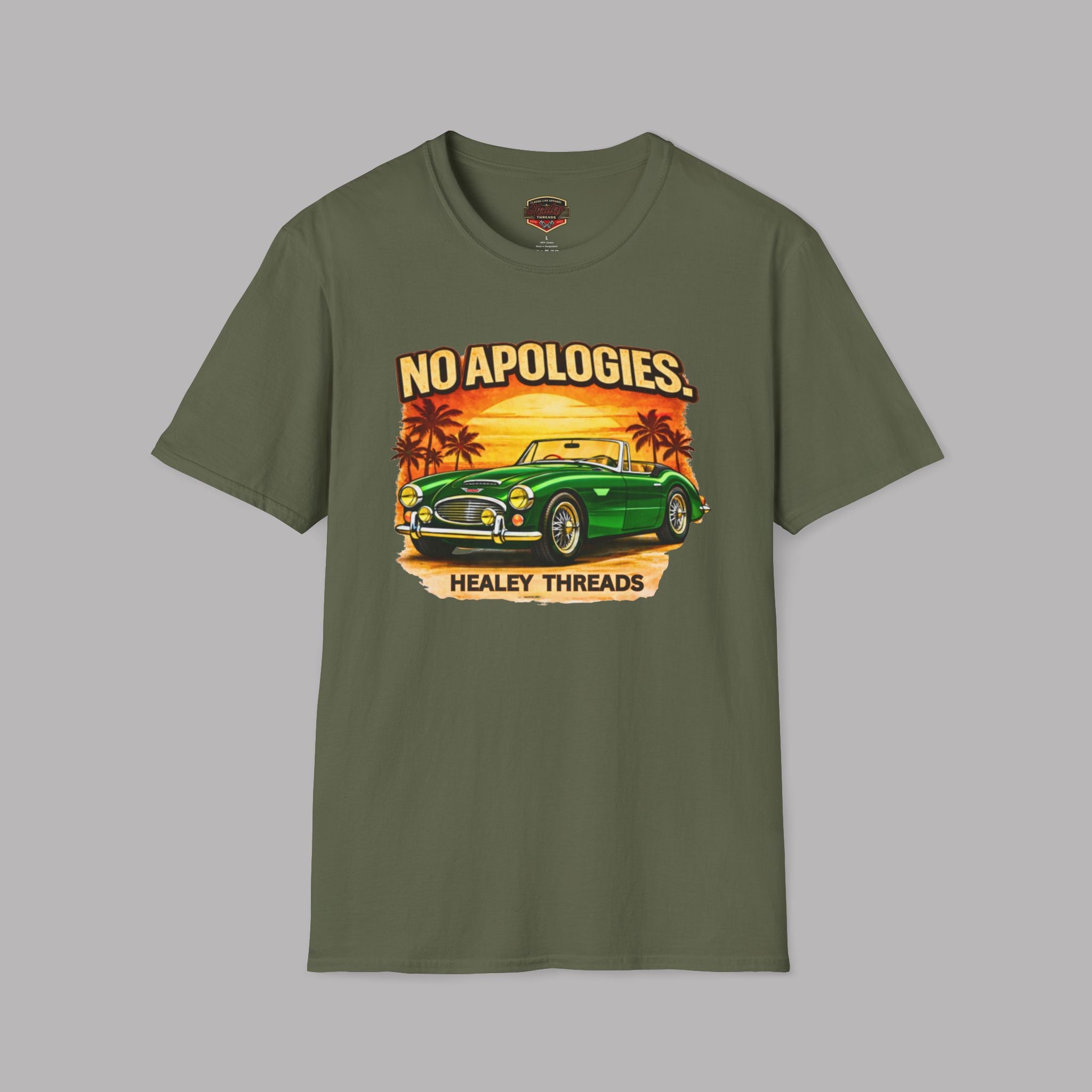 Military green t-shirt with a graphic of a classic car and 'No Apologies' text on a gray background