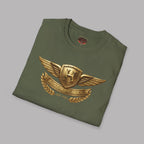 Folded military green t-shirt with gold Austin-Healey emblem on a gray background
