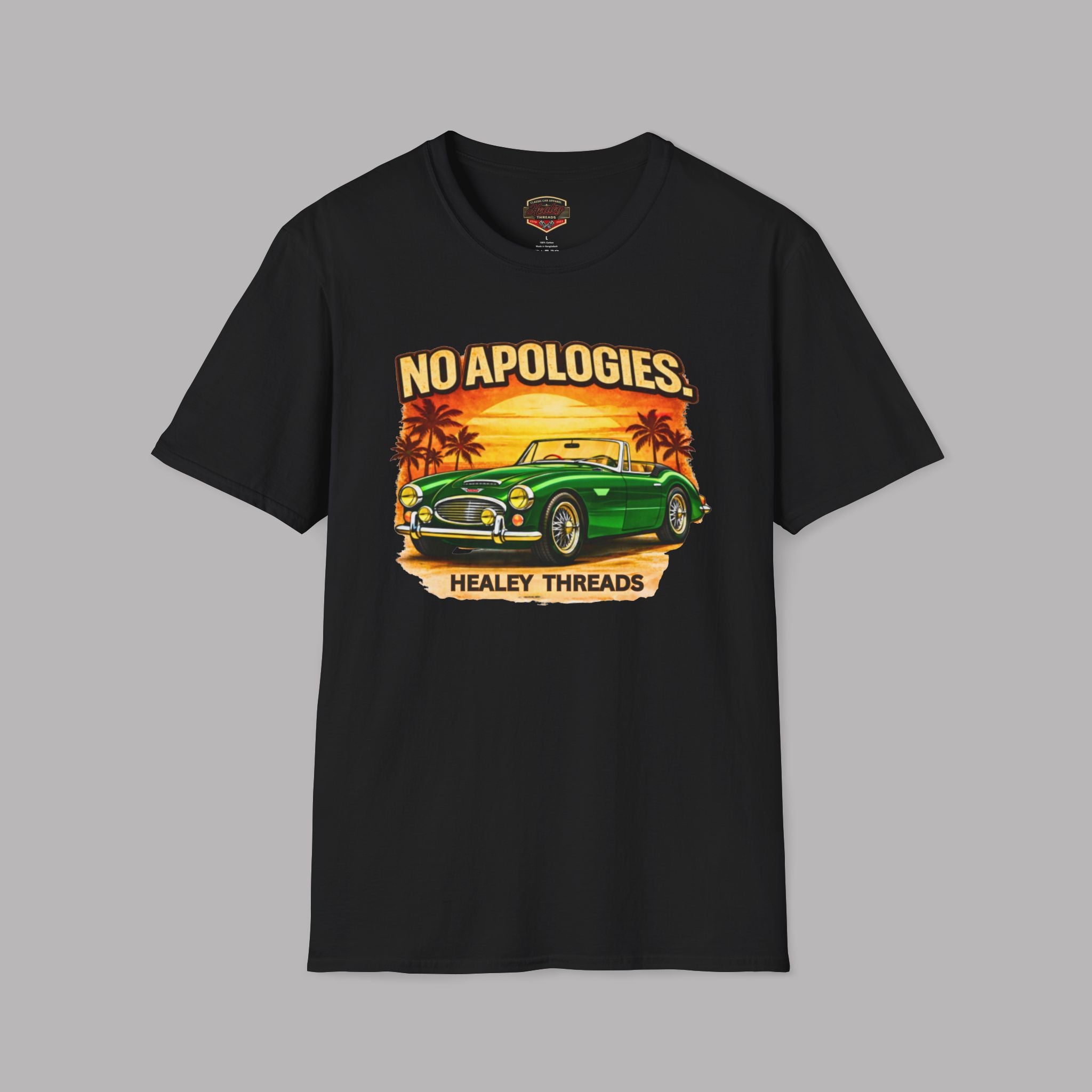 Black t-shirt with a vintage car graphic and 'No Apologies' text on a gray background