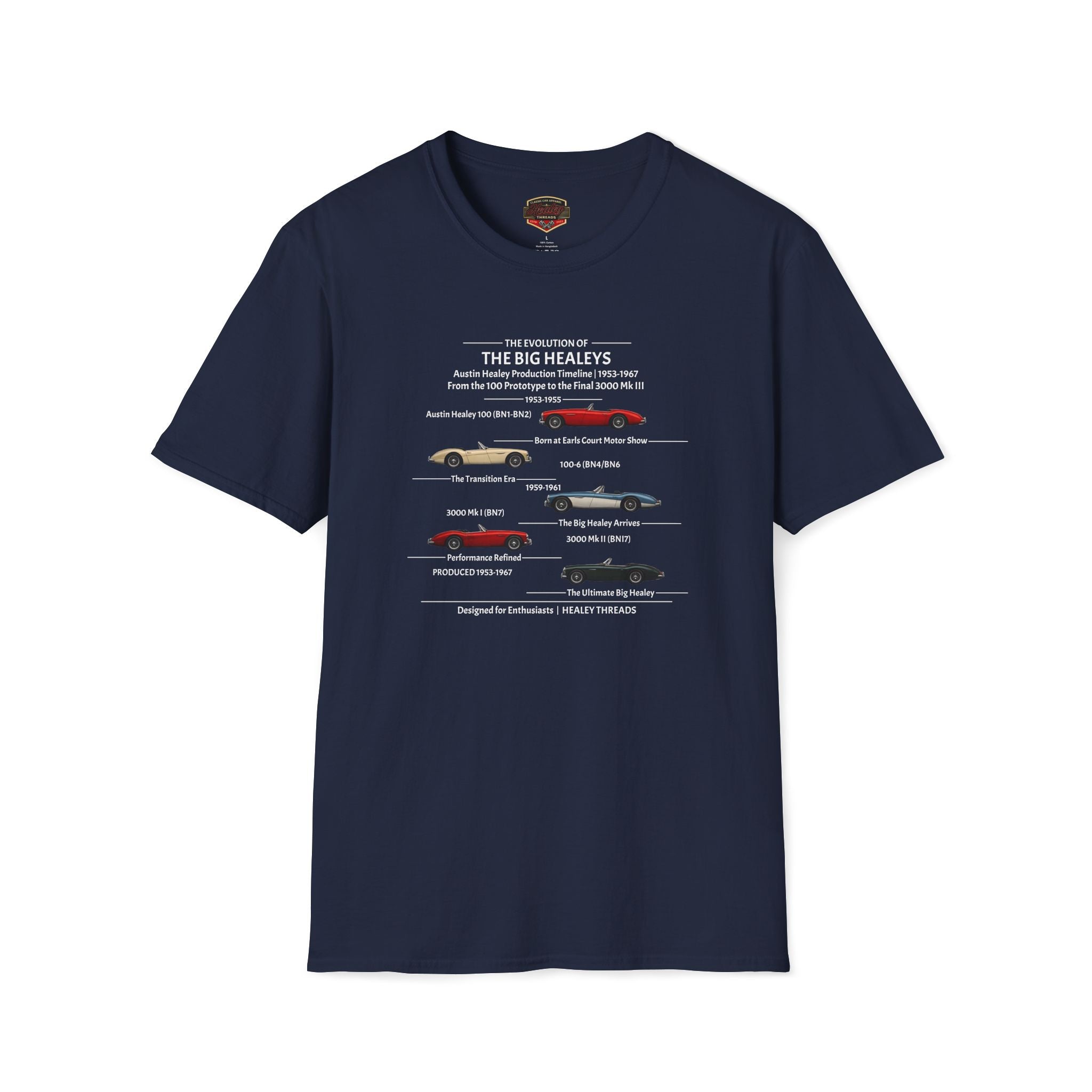 Navy Blue Austin-Healey timeline t-shirt (1953–1967 models)